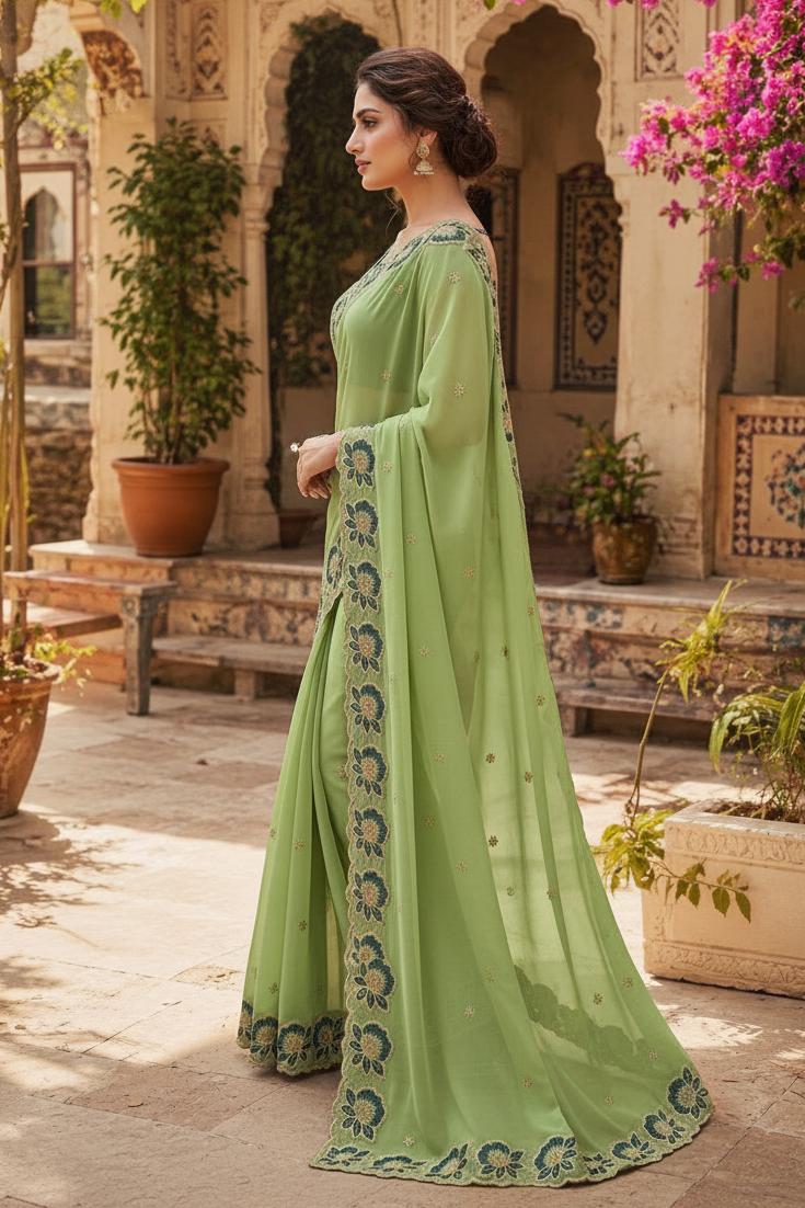 Georgette Multi Embroidery Work Saree With Unstitched Blouse(light Green) image 3
