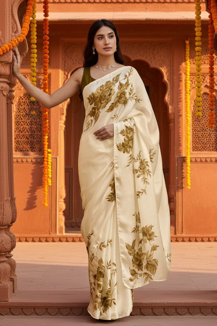 Premium Satin Silk Printed Saree With Unstitched Blouse(mehendi) image 3