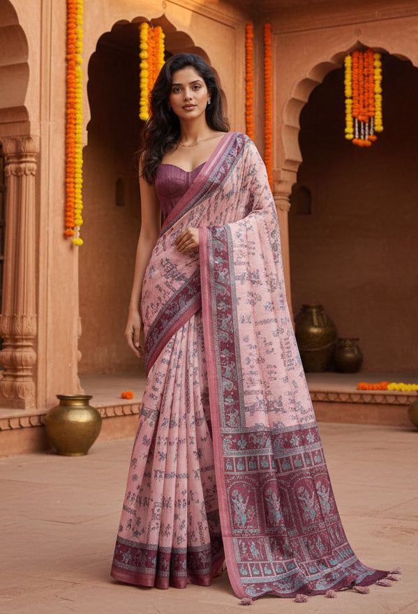 Silk Blend Jacquard Weaving Zari Border Saree With Unstitched Blouse(wine) image 3