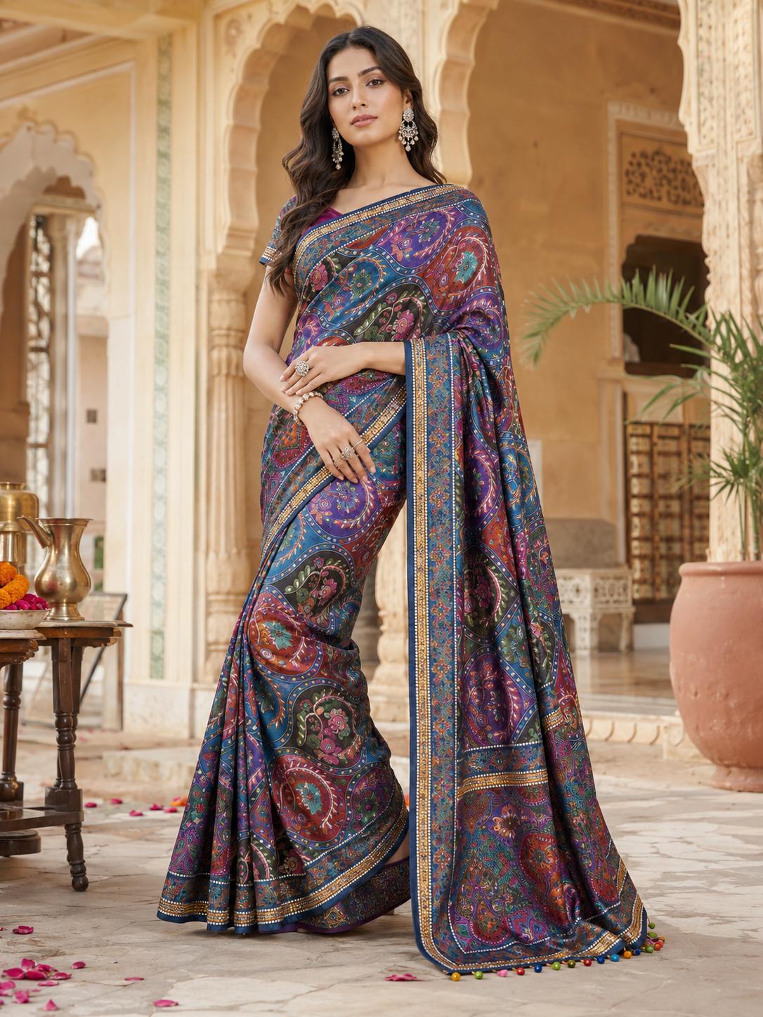 Modal Crepe Silk Mirror Work Saree With Unstitched Blouse(purple) image 3