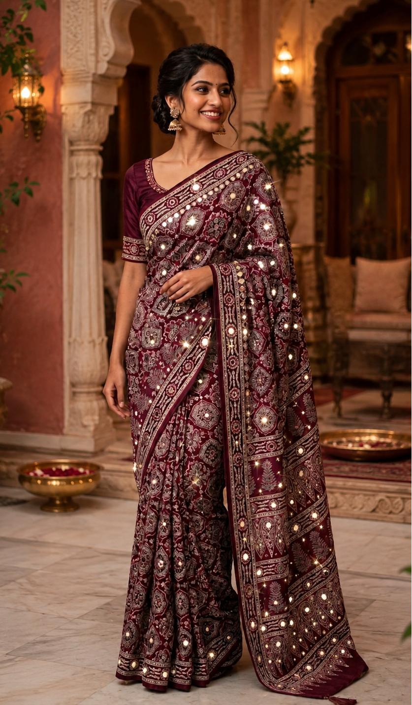 Premium Satin Ajrakh Printed Mirror Work Saree With Unstitched Blouse(wine) image 3