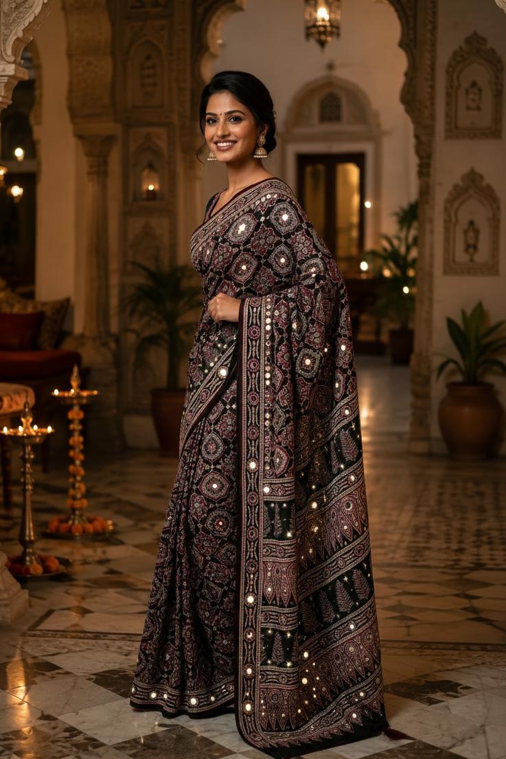 Premium Satin Ajrakh Printed Mirror Work Saree With Unstitched Blouse(black) image 3