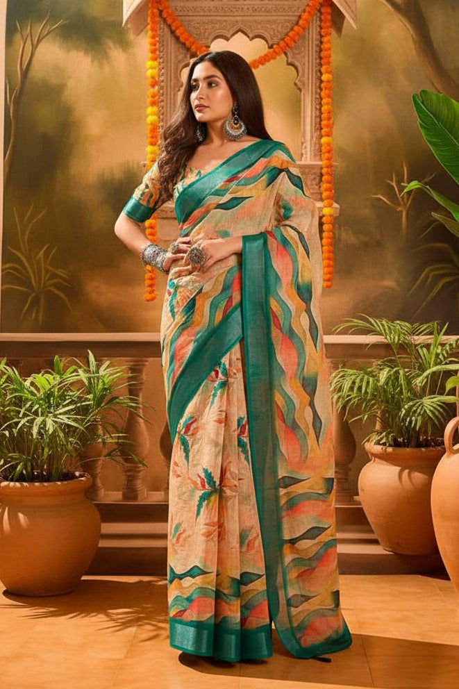 Linen Floral-printed Saree With Unstitched Blouse (MUSTARD) image 3