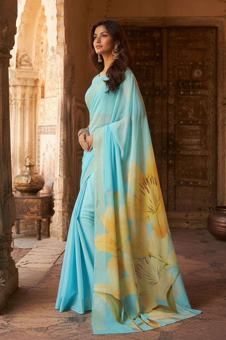 Georgette Digital Print Saree With Unstitched Blouse(sky) image 3