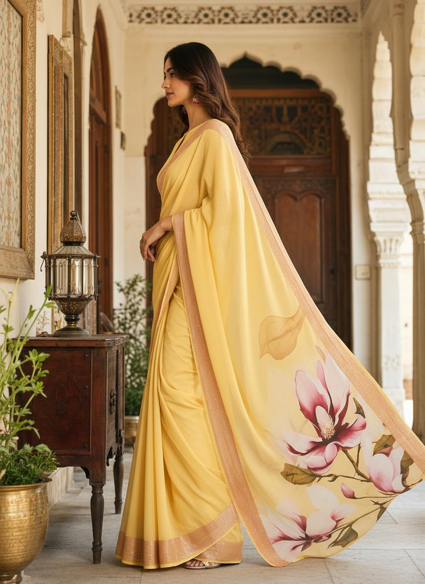 Georgette Digital Print Saree With Unstitched Blouse(yellow) image 3