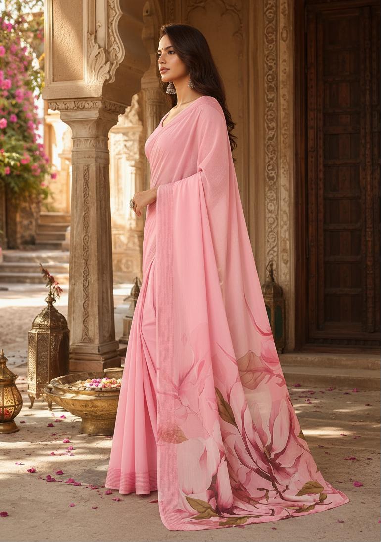 Georgette Digital Print Saree With Unstitched Blouse(baby Pink) image 3