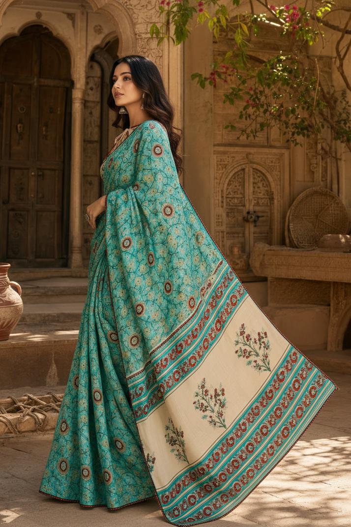 Soft Georgette Ajrakh Print Saree With Unstitched Blouse(green) image 3