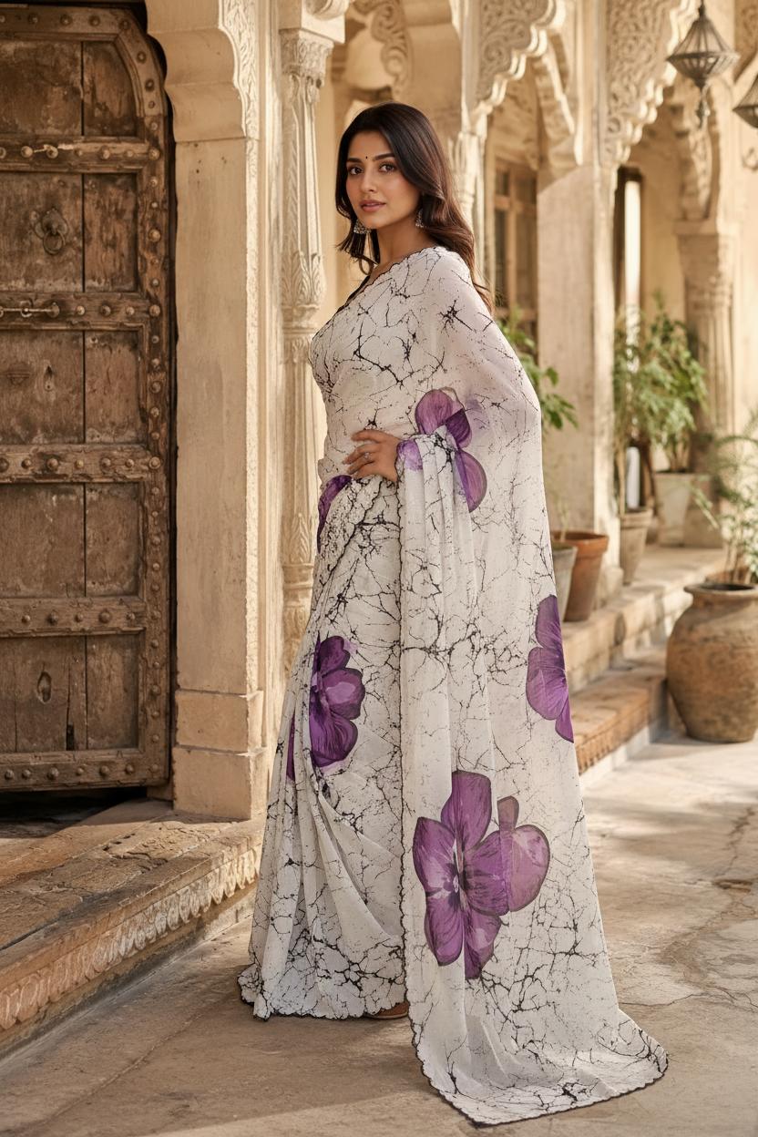 Georgette Blooming Floral Digital Print Saree With Unstitched Blouse(lavender) image 3