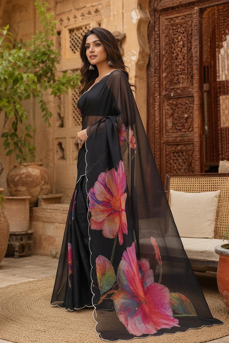 Satin Silk Floral Print Saree With Unstitched Blouse(black) image 3