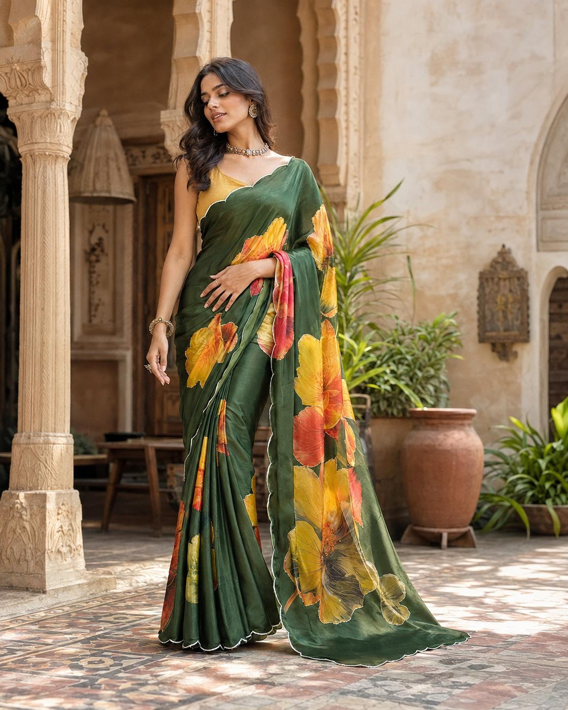 Satin Silk Floral Print Saree With Unstitched Blouse(green) image 3