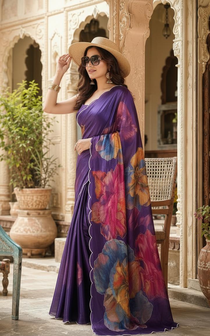 Satin Silk Floral Print Saree With Unstitched Blouse(purple) image 3