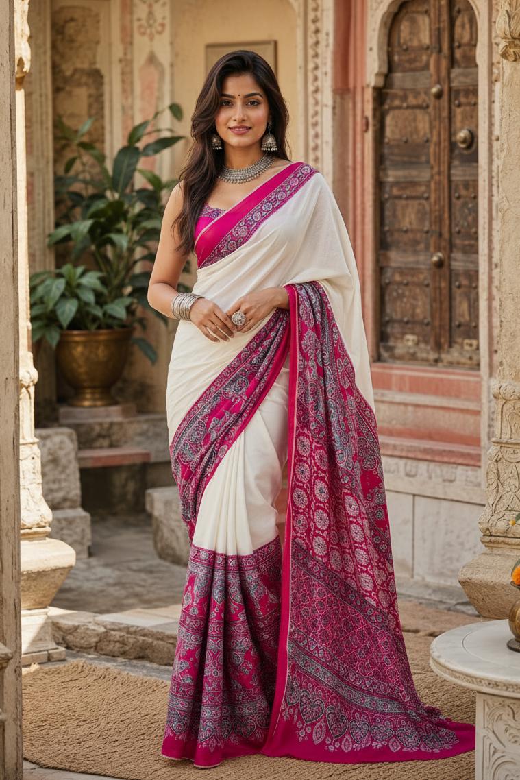 Satin Silk Printed Saree With Unstitched Blouse(pink) image 3