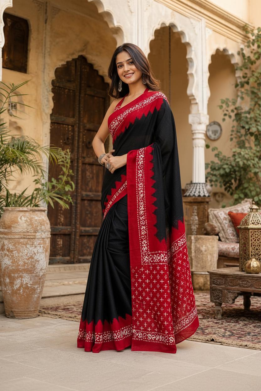 Satin Silk Printed Saree With Unstitched Blouse(black) image 3