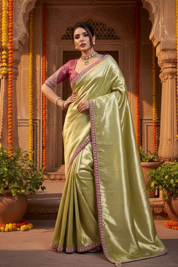 Soft Tissue Silk Sequins Work Saree With Unstitched Blouse(green) image 3