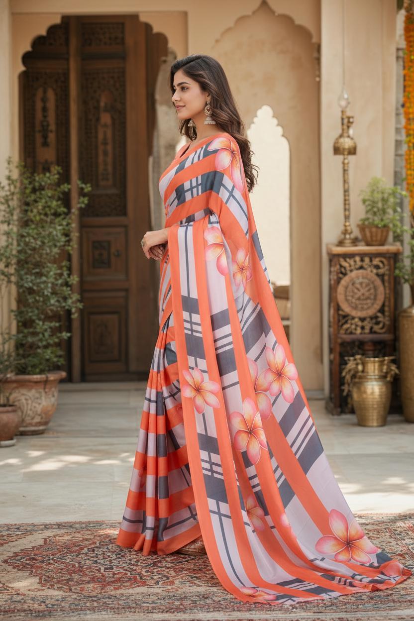 Satin Silk Printed Saree With Unstitched Blouse(orange) image 3