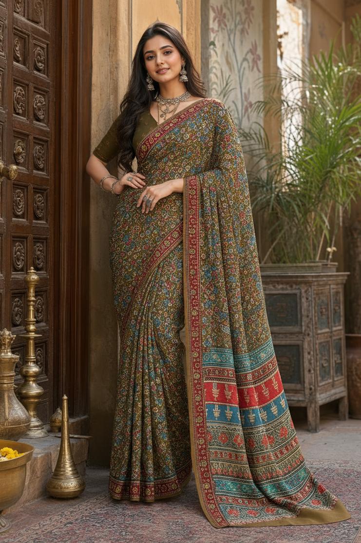 Premium Crepe Silk Saree With Unstitched Blouse(dark Green) image 3