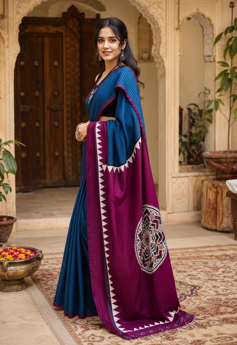 Gaji Silk Ajrakh Printed Saree With Unstitched Blouse(blue) image 3