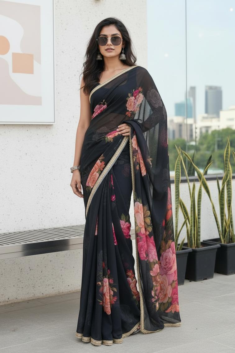 Georgette Floral Printed Saree With Unstitched Blouse(black) image 3