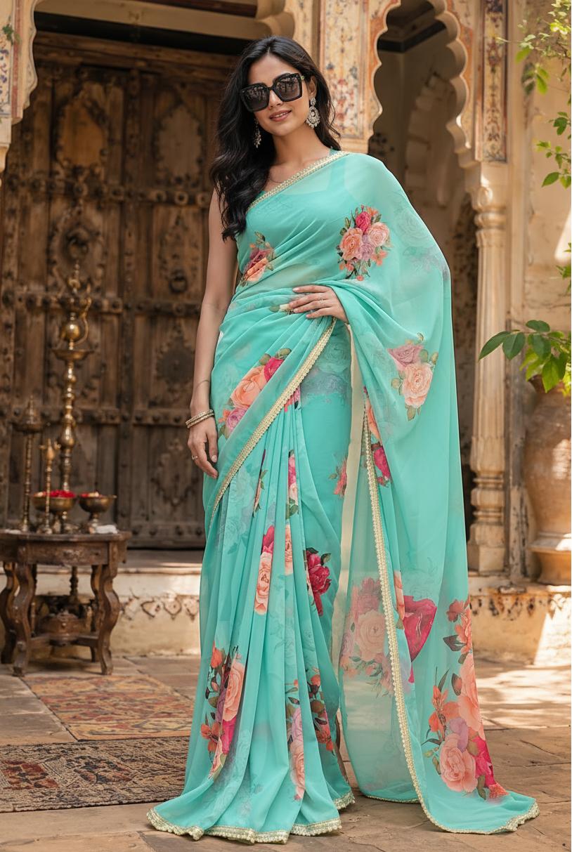 Georgette Floral Printed Saree With Unstitched Blouse(sky) image 3