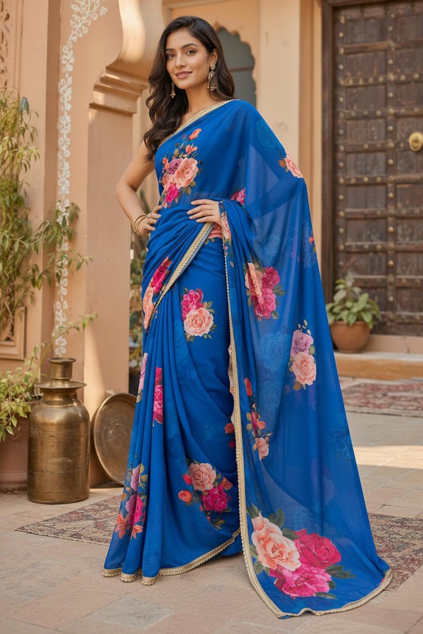 Georgette Floral Printed Saree With Unstitched Blouse(blue) image 3