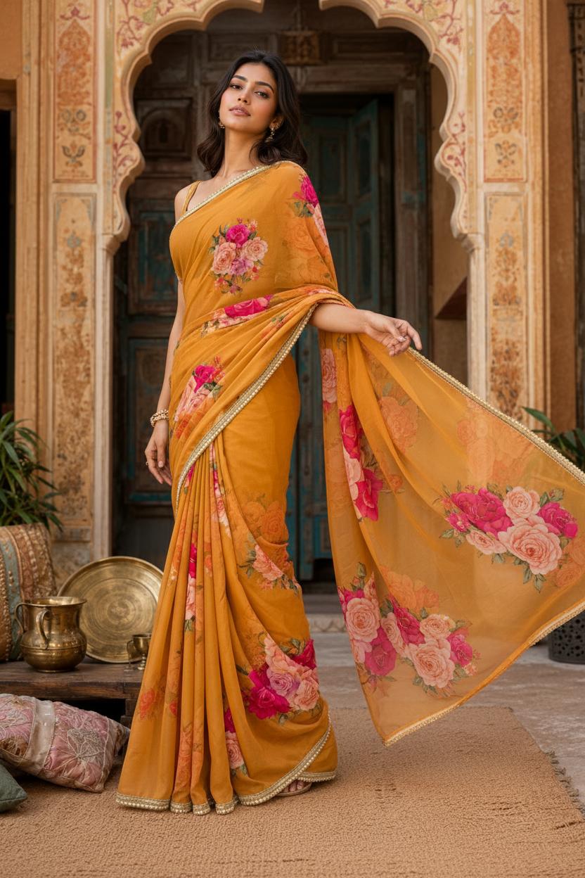 Georgette Floral Printed Saree With Unstitched Blouse(yellow) image 3