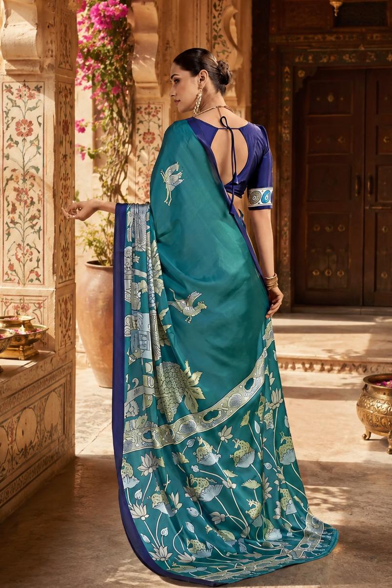 Satin Silk Kalamkari Print Saree With Unstitched Blouse(green) image 3