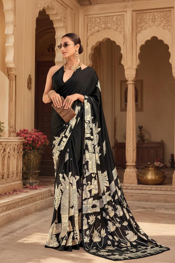 Satin Silk Kalamkari Print Saree With Unstitched Blouse(black) image 3