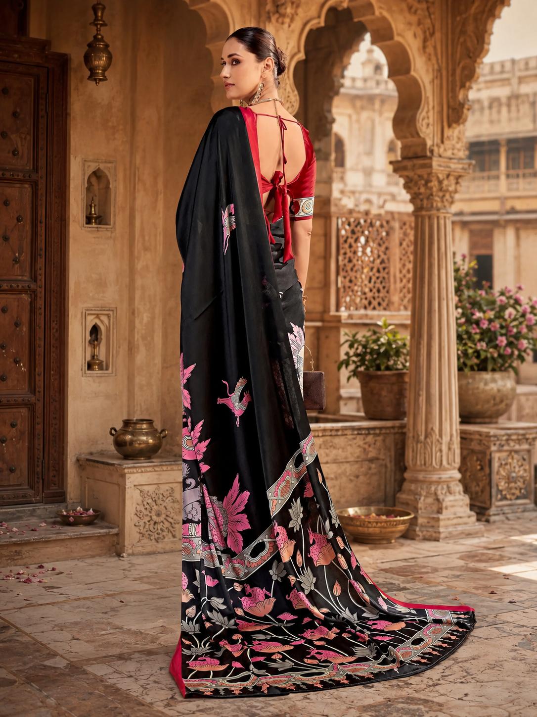 Satin Silk Kalamkari Print Saree With Unstitched Blouse(red) image 3