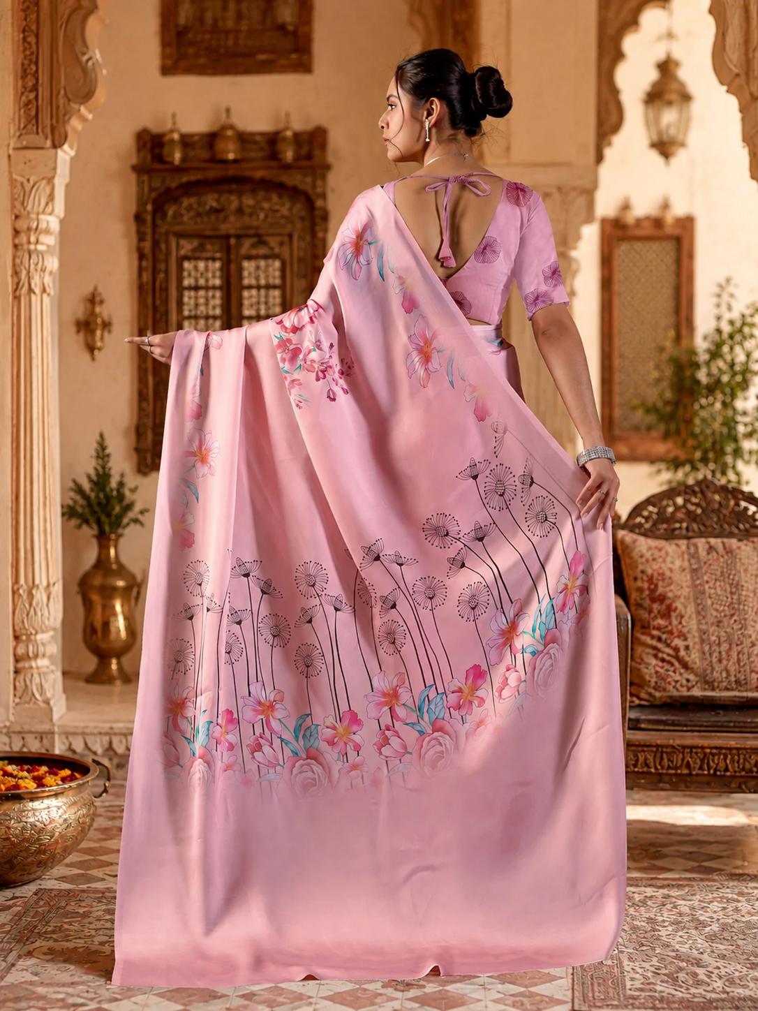 Satin Silk Floral Printed Saree With Unstitched Blouse(pink) image 3