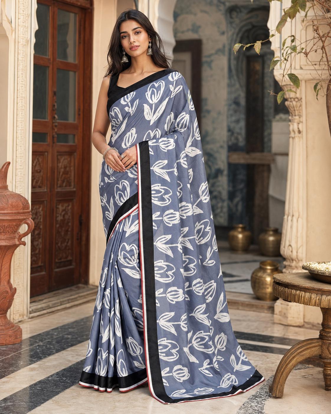 Satin Silk Printed Saree With Unstitched Blouse(grey) image 3