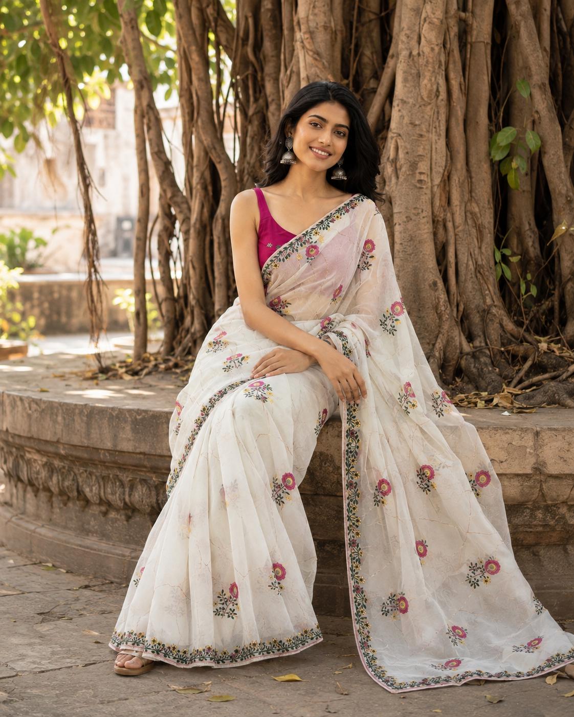 Star Georgette Ready To Wear Embroidery Work Saree With Unstitched Blouse(white) image 3