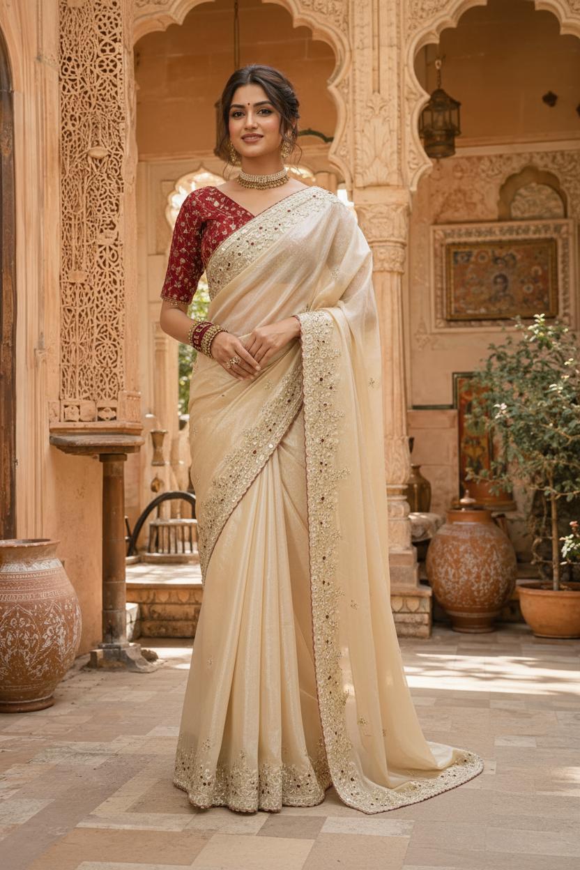 Satin Silk Sequins Thread Work Saree With Unstitched Blouse(beige) image 3