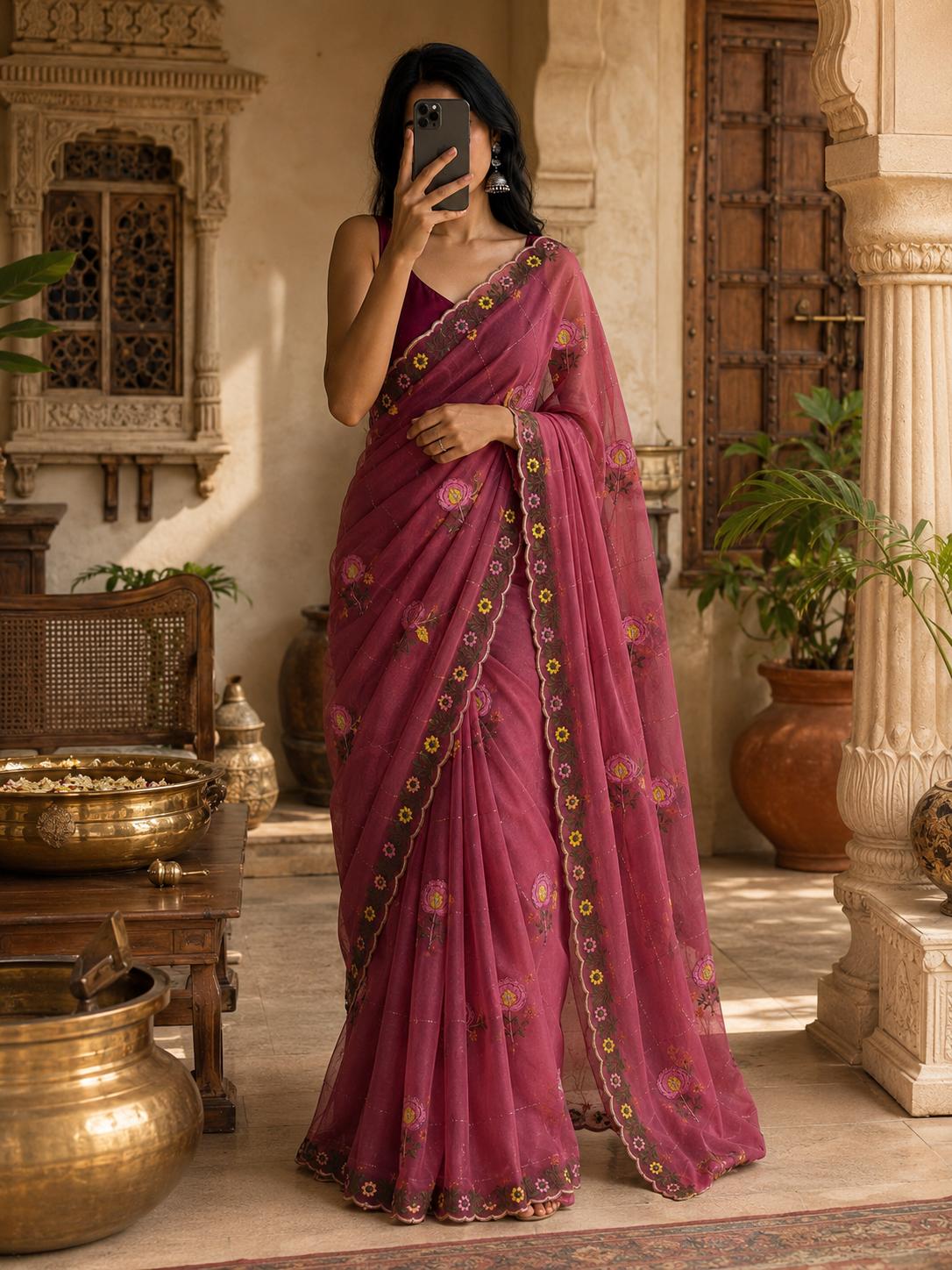Star Georgette Ready To Wear Embroidery Work Saree With Unstitched Blouse (MAROON) image 3