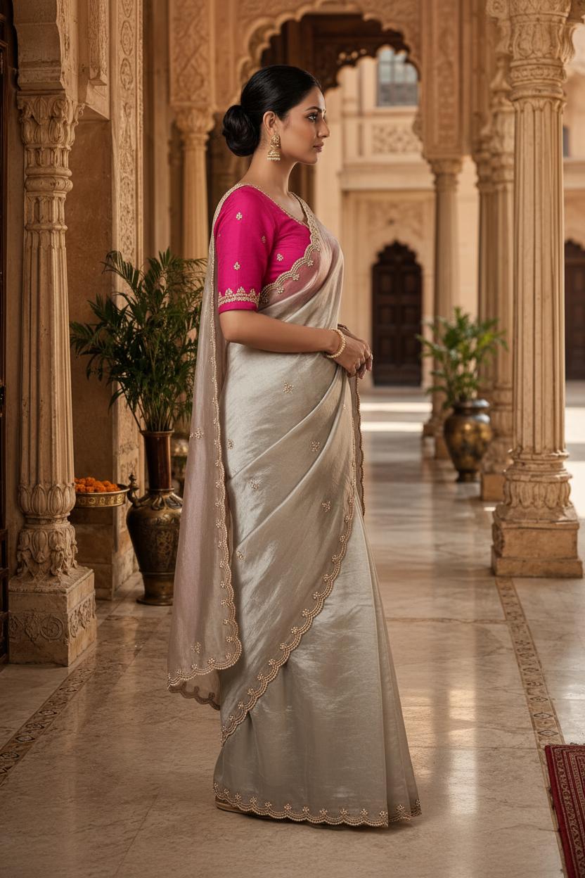 Satin Silk Embroidery Work Saree With Unstitched Blouse(off-white) image 3