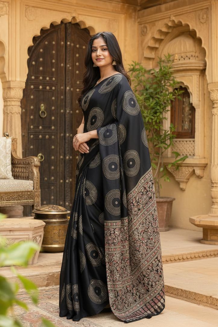 Satin Silk Heavy Mirror Work Saree With Unstitched Blouse (BLACK) image 3