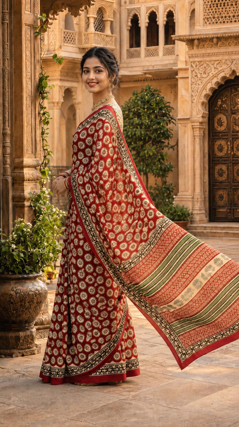 Primum Pure Mulmul Cotton Bagru Print Saree With Unstitched Blouse (RED) image 3