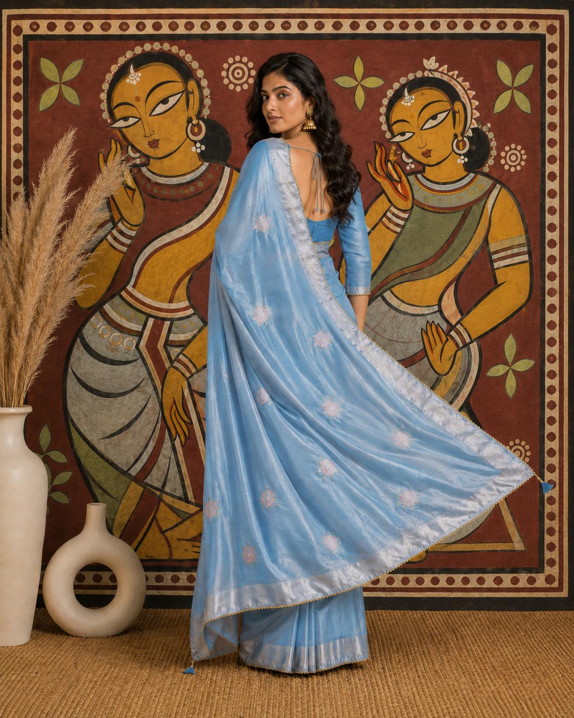 Gold Span Embroidery Moti Beats Zari Patta Border Silk Saree With Unstitched Blouse (SKY Blue) image 3