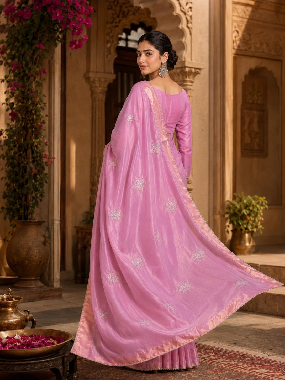 Gold Span Embroidery Moti Beats Zari Patta Border Silk Saree With Unstitched Blouse (PINK) image 3