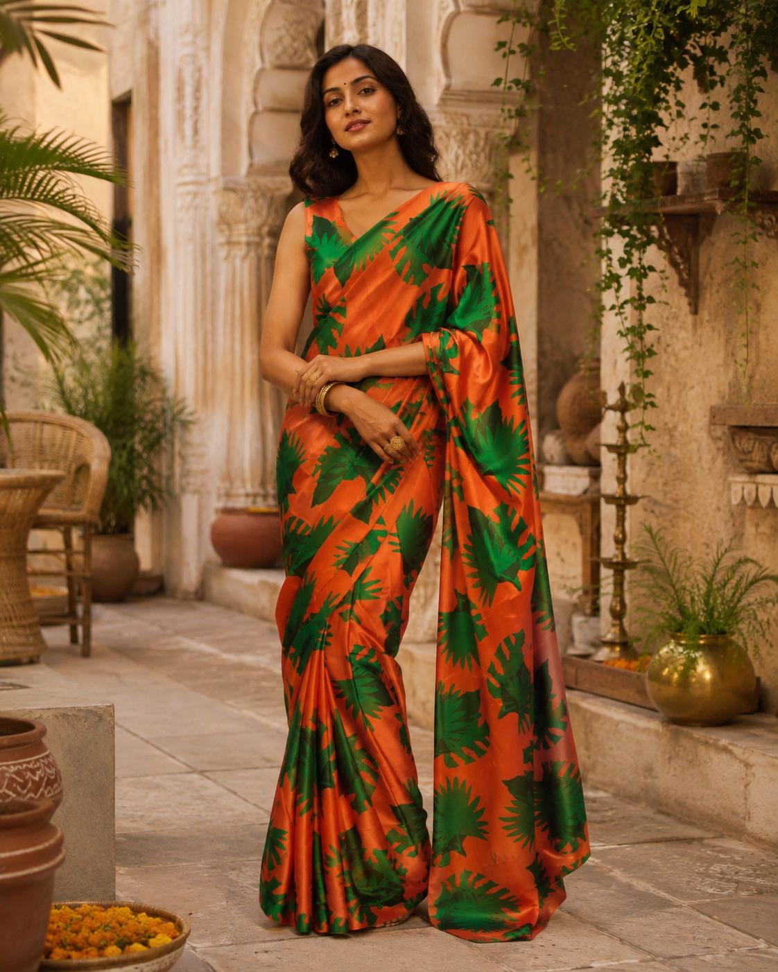Satin Silk Printed Saree With Unstitched Blouse(orange) image 3