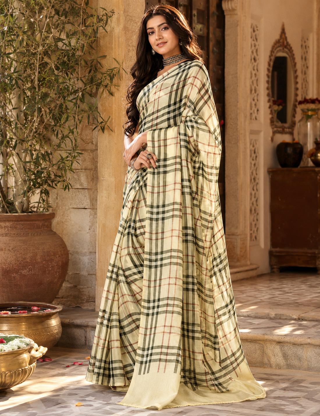 Satin Silk Printed Saree With Unstitched Blouse(cream) image 3