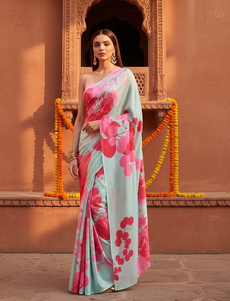 Satin Silk Printed Saree With Unstitched Blouse(sky) image 3