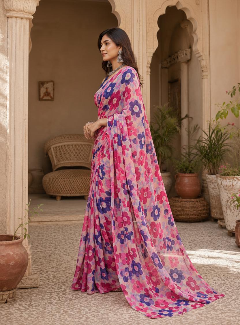 Premium Crepe Silk Floral Print Saree With Unstitched Blouse(red) image 3