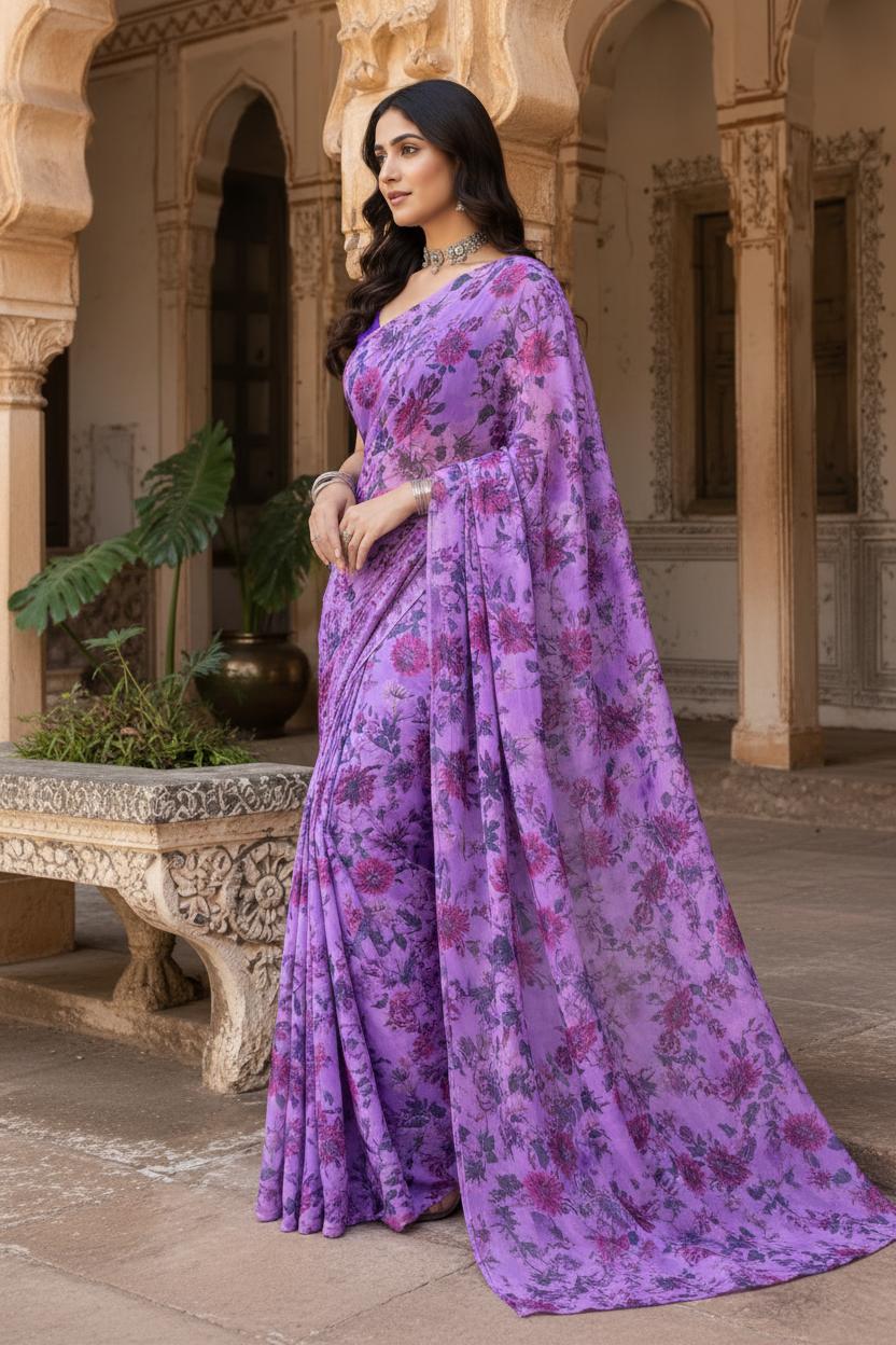 Premium Crepe Silk Floral Print Saree With Unstitched Blouse(lavender) image 3