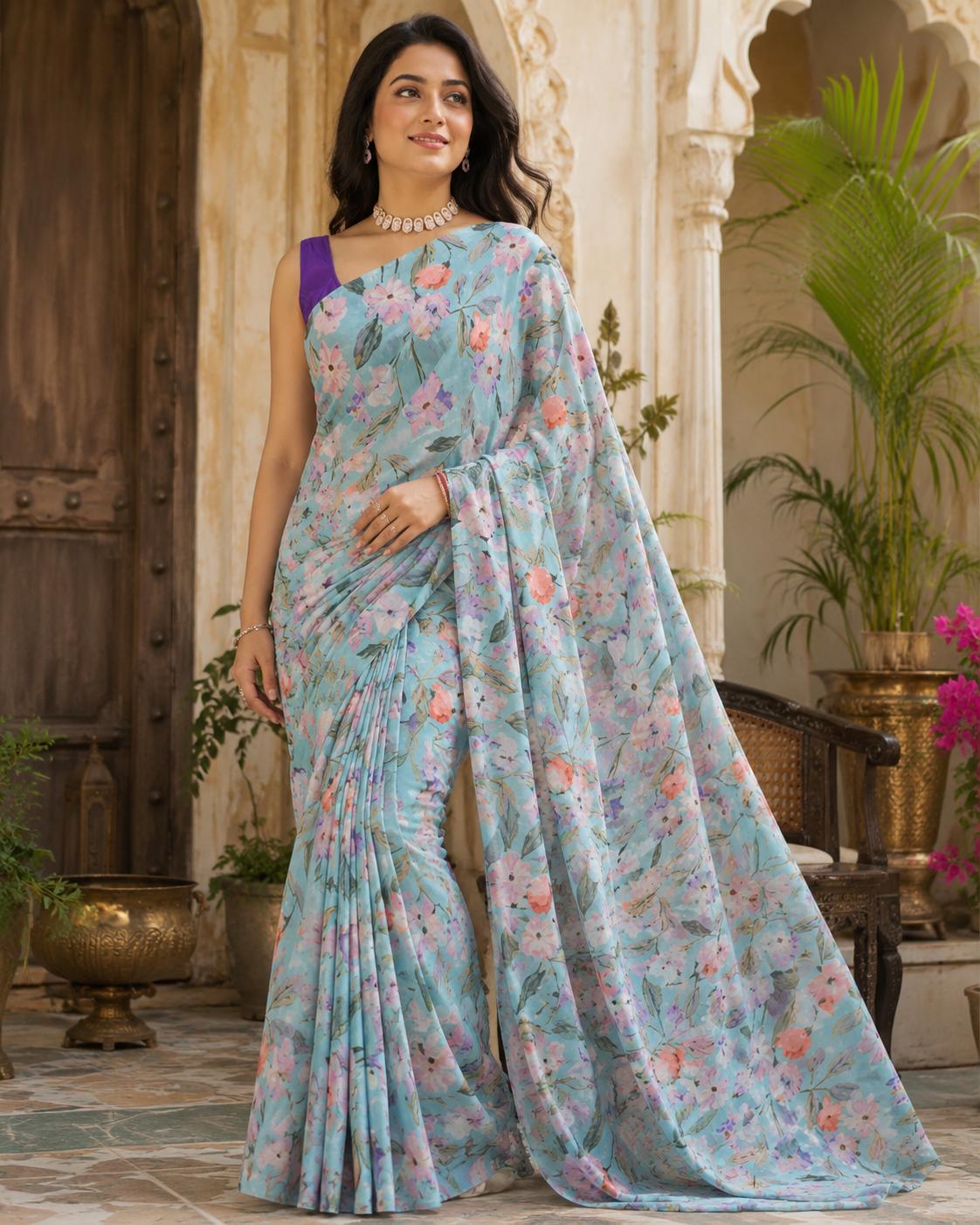 Premium Crepe Silk Floral Print Saree With Unstitched Blouse(sky) image 3