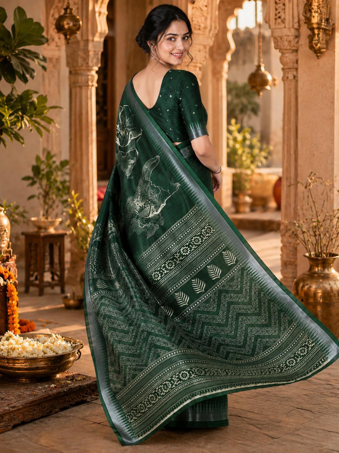 Premium Slub Silk Floral Printed Zari Border Saree With Unstitched Blouse (BOTTLE Green) image 3
