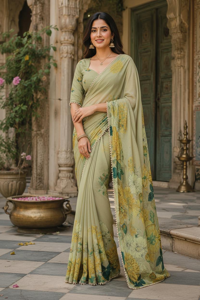 Pure Silk Floral Print Saree With Unstitched Blouse(green) image 3