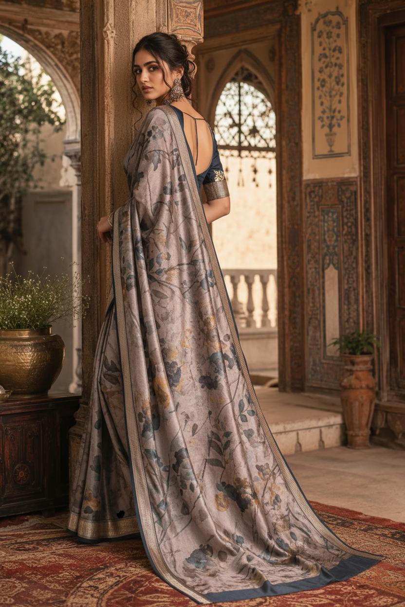 Tussar Silk Floral Printed Saree With Unstitched Blouse(brown) image 3