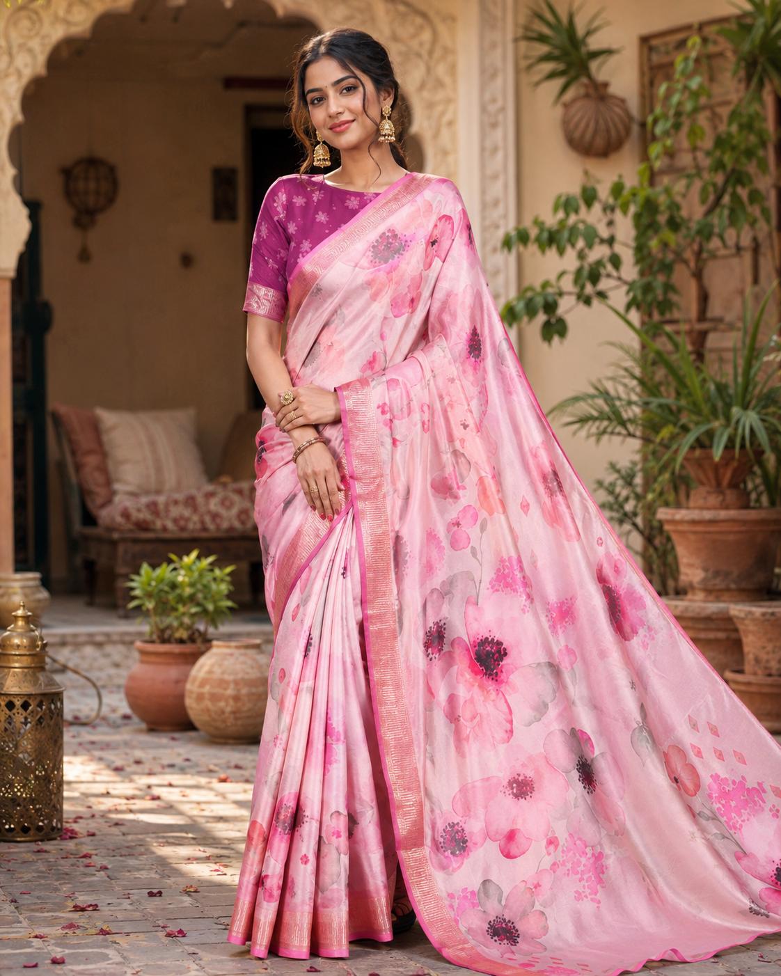 Tussar Silk Floral Printed Saree With Unstitched Blouse(pink) image 3