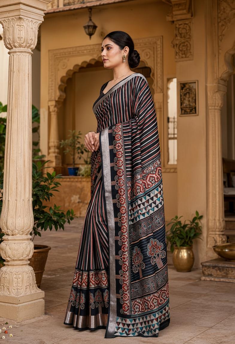 Tussar Silk Printed Saree With Unstitched Blouse(black) image 3