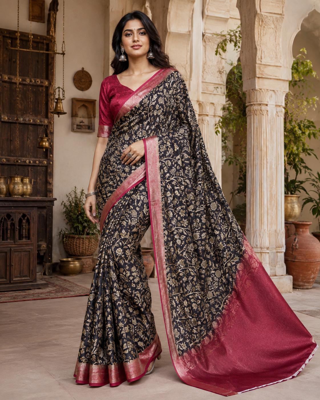 Tussar Silk Printed Saree With Unstitched Blouse(black) image 3